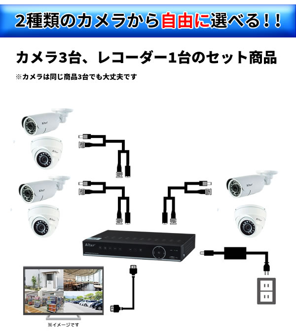 有線式 高性能AHD 砲弾型カメラ、ドーム型カメラ、3台とレコーダー 