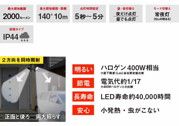 11W×2灯 フリーアーム式LEDセンサーライト LED-AC2022